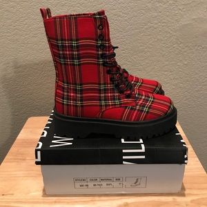 Women’s red plaid combat boots